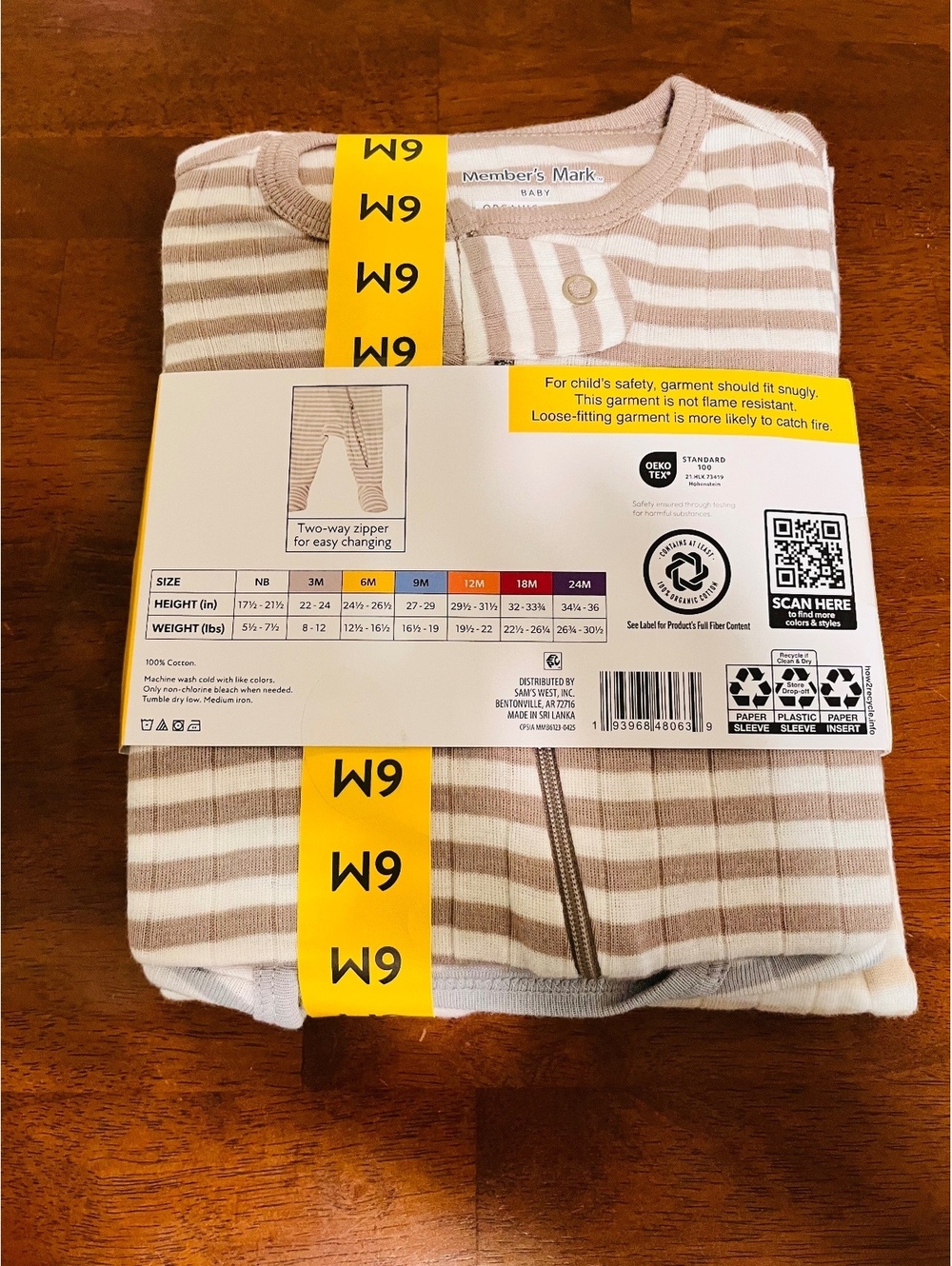 Member's Mark Baby Organic Cotton Sleep & Play 3-Pack, Size 6M, Beige and White